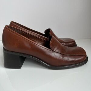 Vintage A la Folie Brown Leather Square Toe Block Heel Loafers Made in Brazil